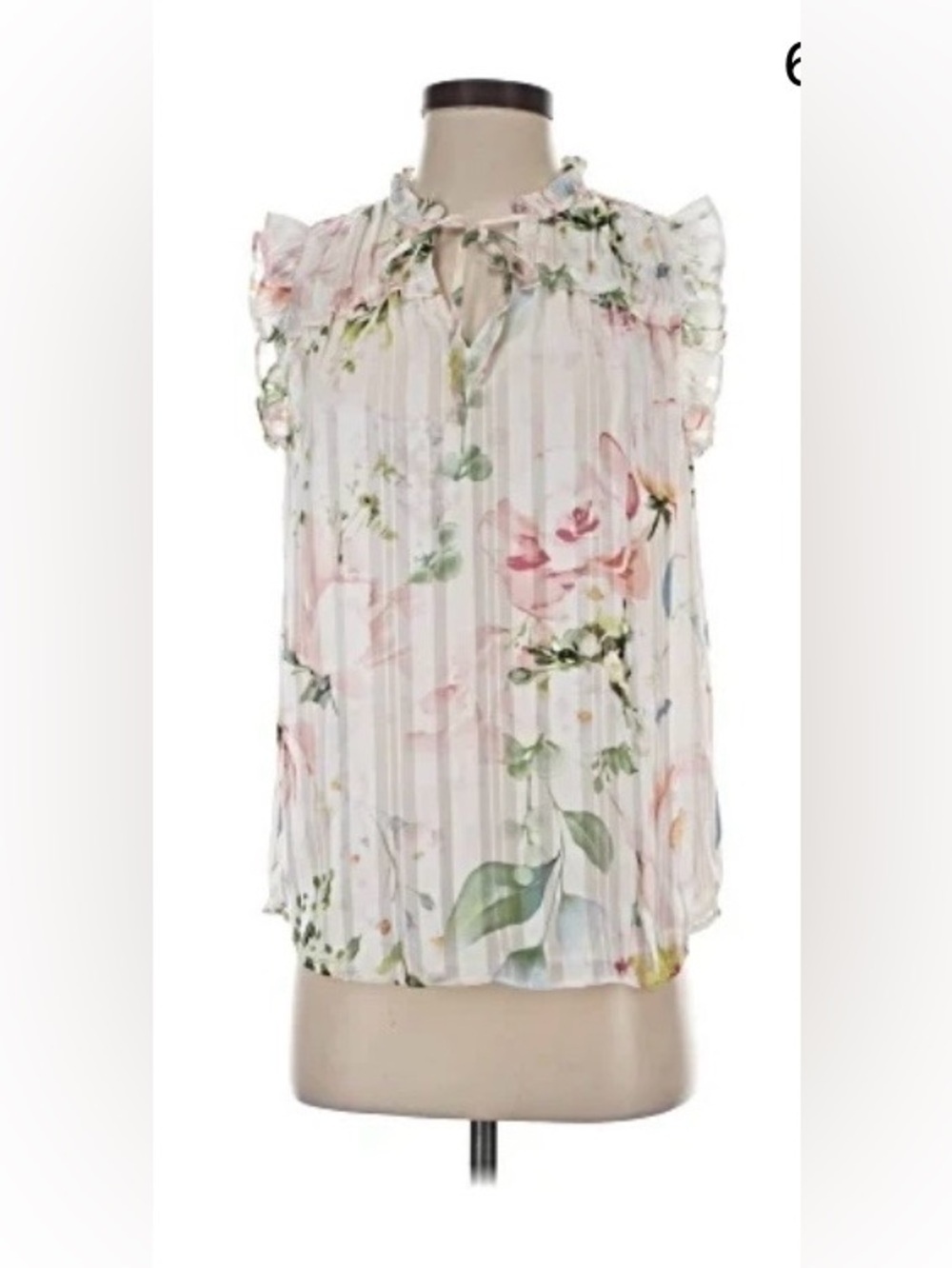 Floral Ruffle Tie-Neck Sleeveless Blouse - Pink/White